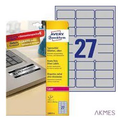 Etykiety znamionowe srebrne, A4, 8 ark./op., 63,5 x 29,6 mm, srebrne, poliestrowe, AVERY ZWECKFORM, L6011-8