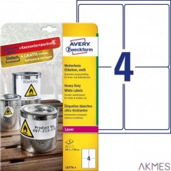 Etykiety Heavy Duty, A4, 8 ark./op., 99,1 x 139 mm, białe, poliestrowe, AVERY ZWECKFORM, L4774-8
