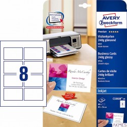 Wizytówki Quick&Clean, 85 x 54 mm, 80 szt., 240 g, wysokobłyszczące/matowe, białe, AVERY ZWECKFORM, C32028-10